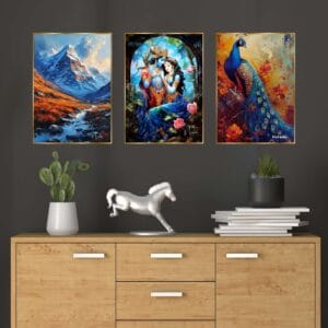 Set of Three Wall Paintings for Wall Dacoration Golden Framed Wall Paintings for Living Room & Bedroom Wall Art for Home