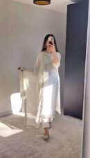 Women's Georgette Embroidery Sequence Work with Rivet Moti Work Straight Kurti With Pant and Dupatta Set