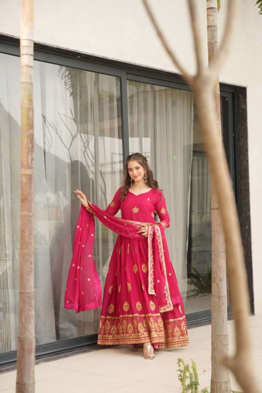 Women’s Ethnic Anarkali Style Floor-Length Gown in Magenta with Golden Zari Embroidery – Festive & Wedding Wear