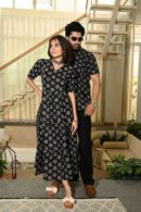 Couple Matching Black Cotton Anarkali Midi Dress and Shirt Set ? Vertical Vine Block Print