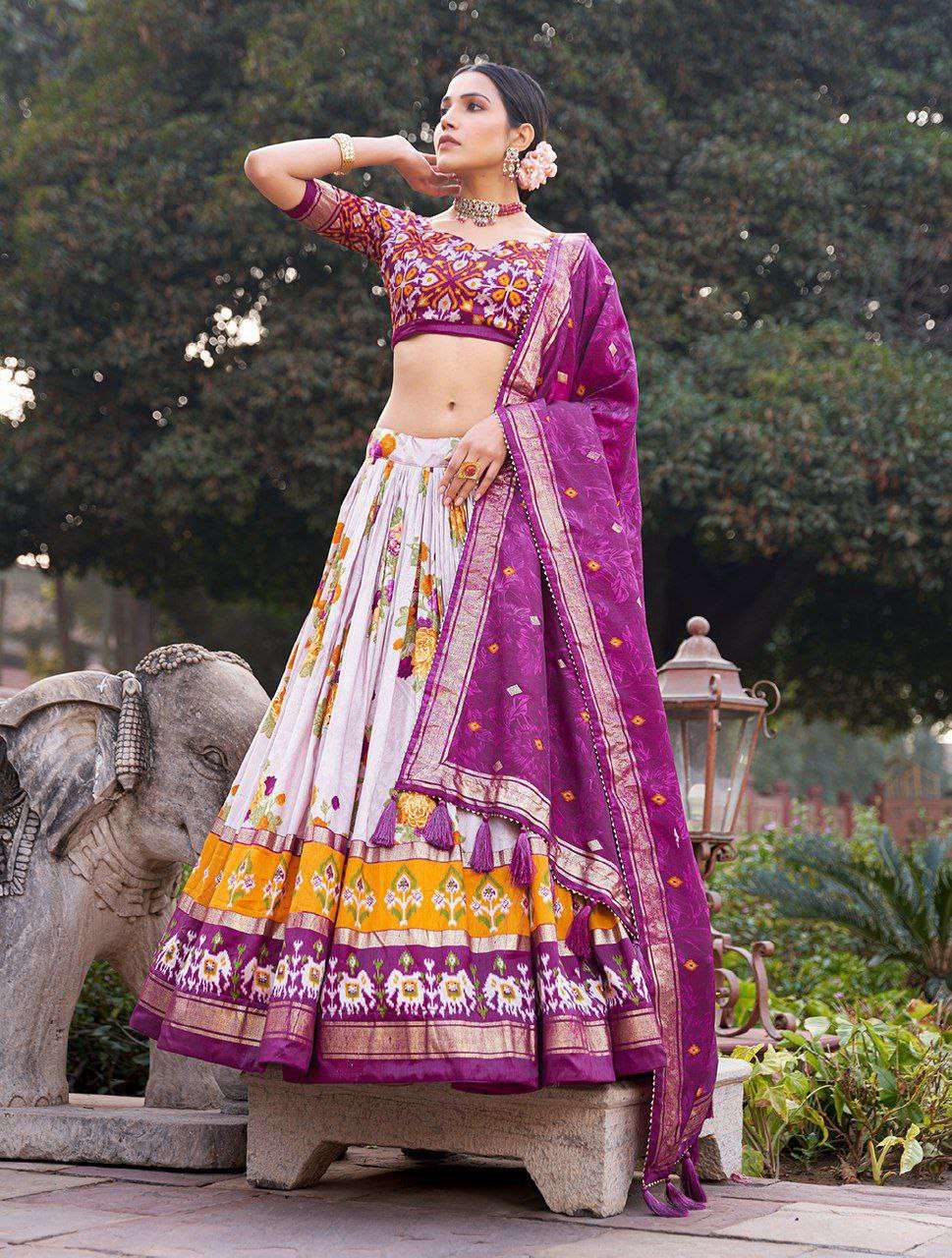 Women's Patola Print Tussar Silk Lehenga Choli Dupatta Set