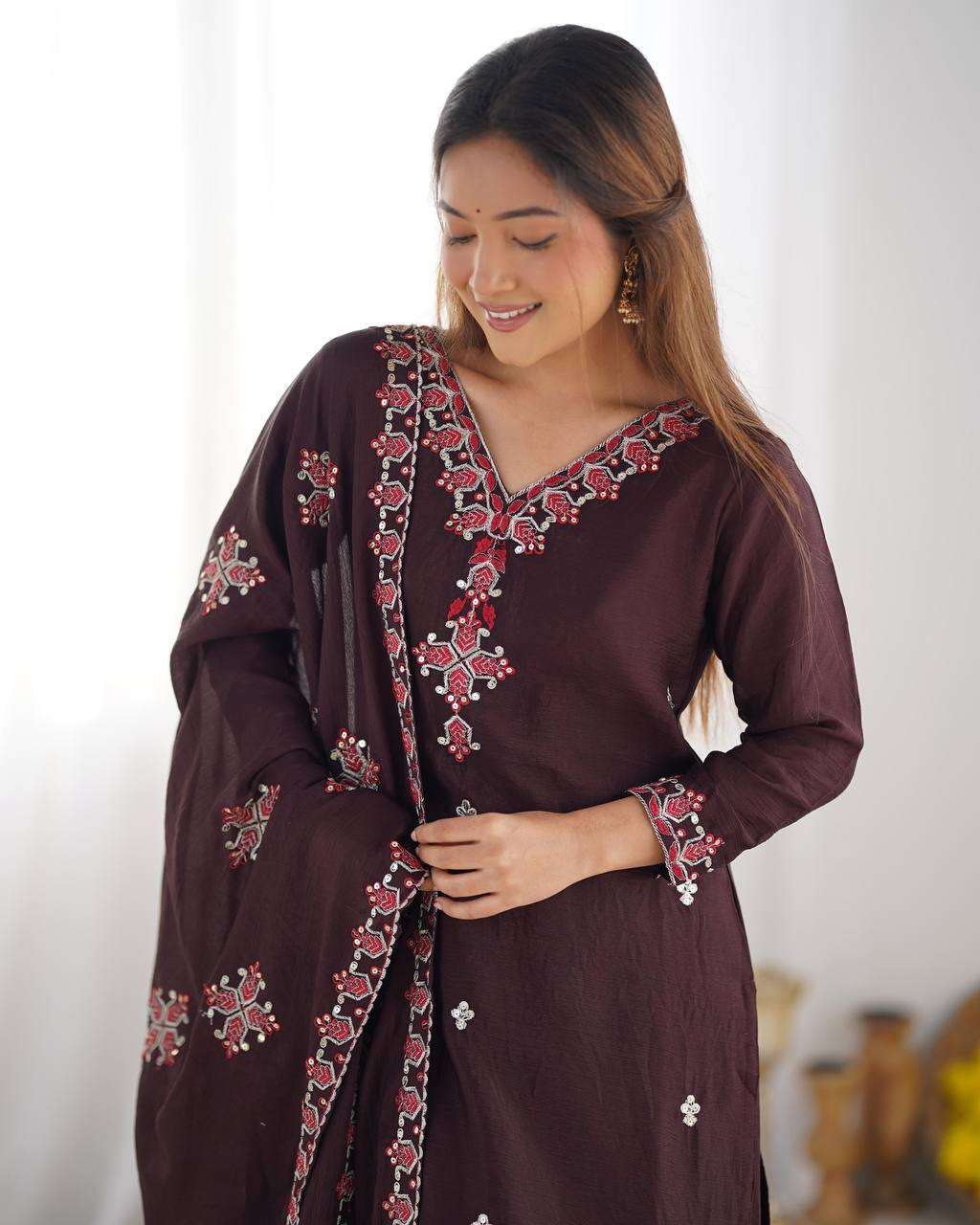 Women's Chinnon Silk Embroidery Sequence Work and Lace Work Straight Kurti With Pant and Dupatta