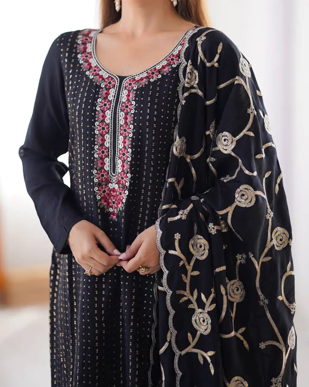 Women's Chinon Silk Sequence And Thread Work Straight Kurti With Pant and Dupatta Set