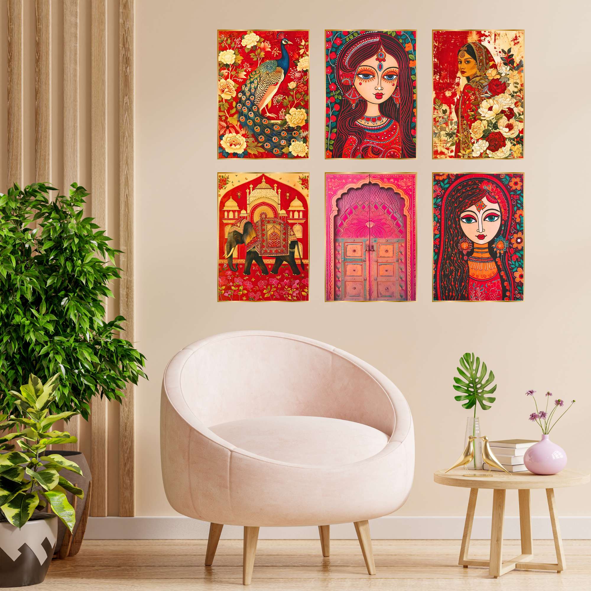 Set of Six Wall Paintings for Wall Dacoration Golden Framed Wall Paintings for Living Room & Bedroom Wall Art for Home D