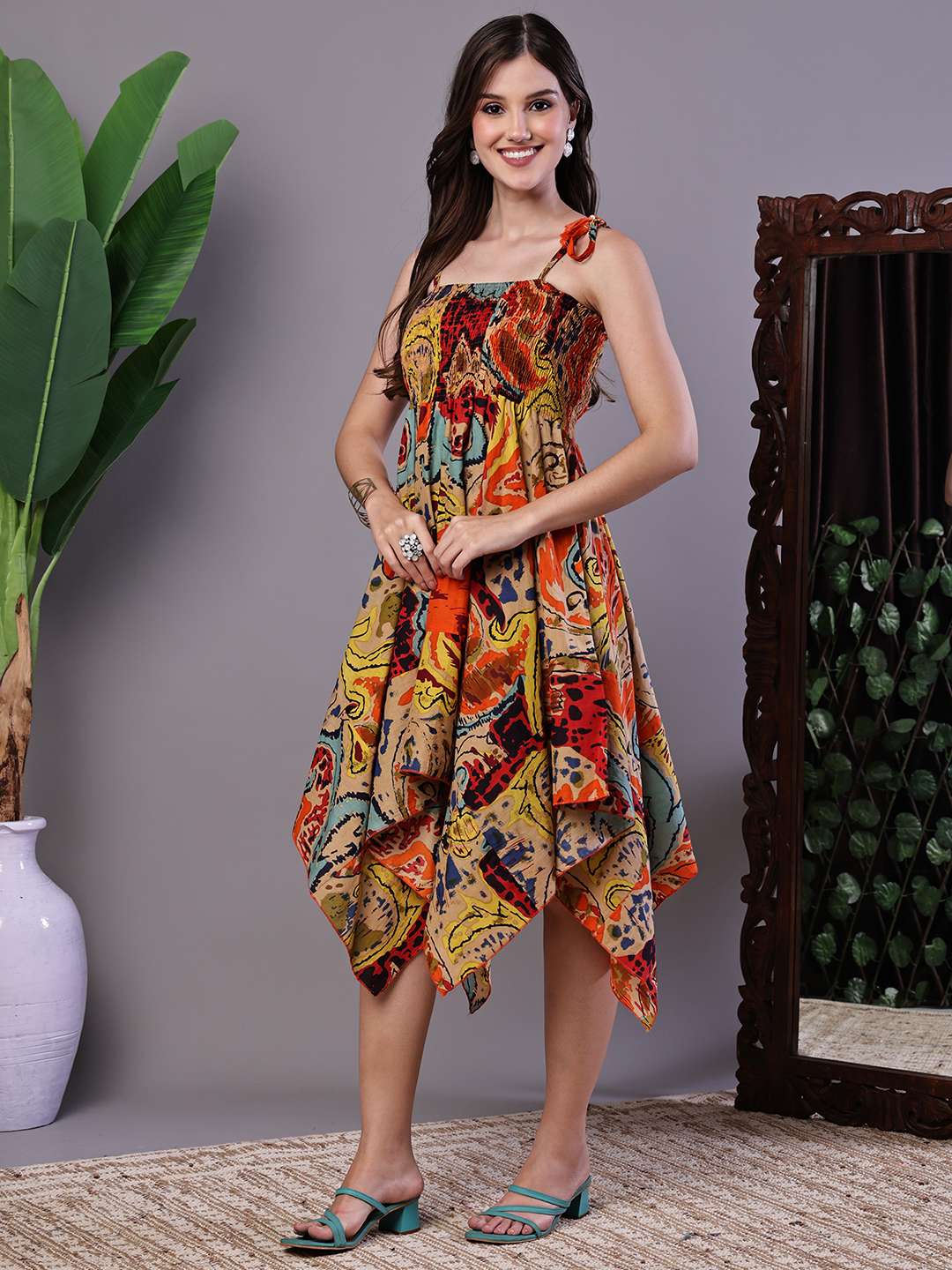 Women's Multicolor Abstract Printed Cotton Handkerchief Hem Dress Midi Dresses