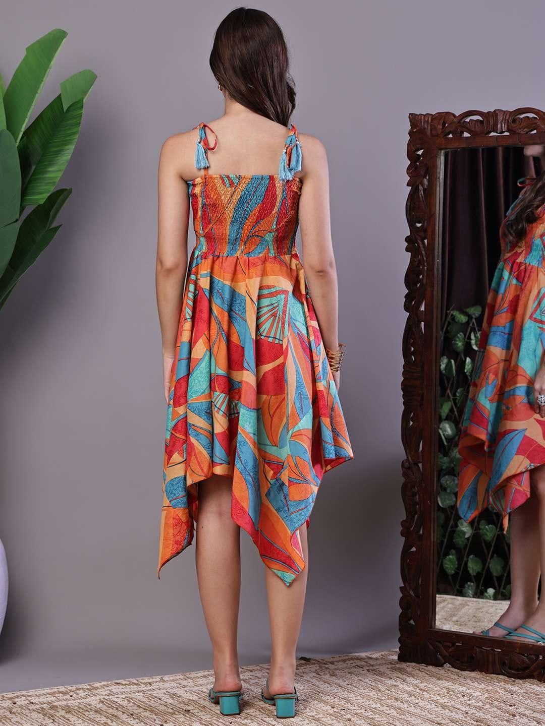 Women's Multicolor Printed Cotton Handkerchief Hem Dress Midi Dresses