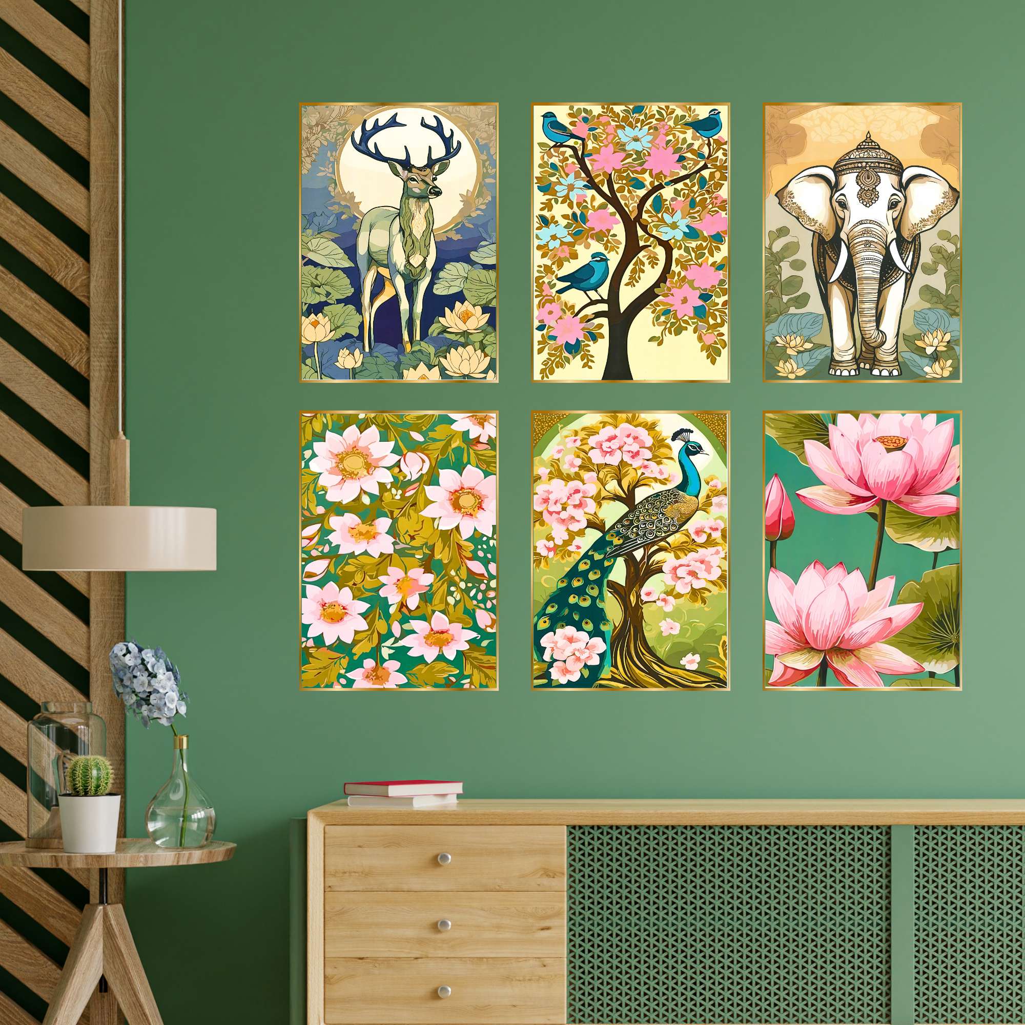 Set of Six Wall Paintings for Wall Dacoration Golden Framed Wall Paintings for Living Room & Bedroom Wall Art for Home D