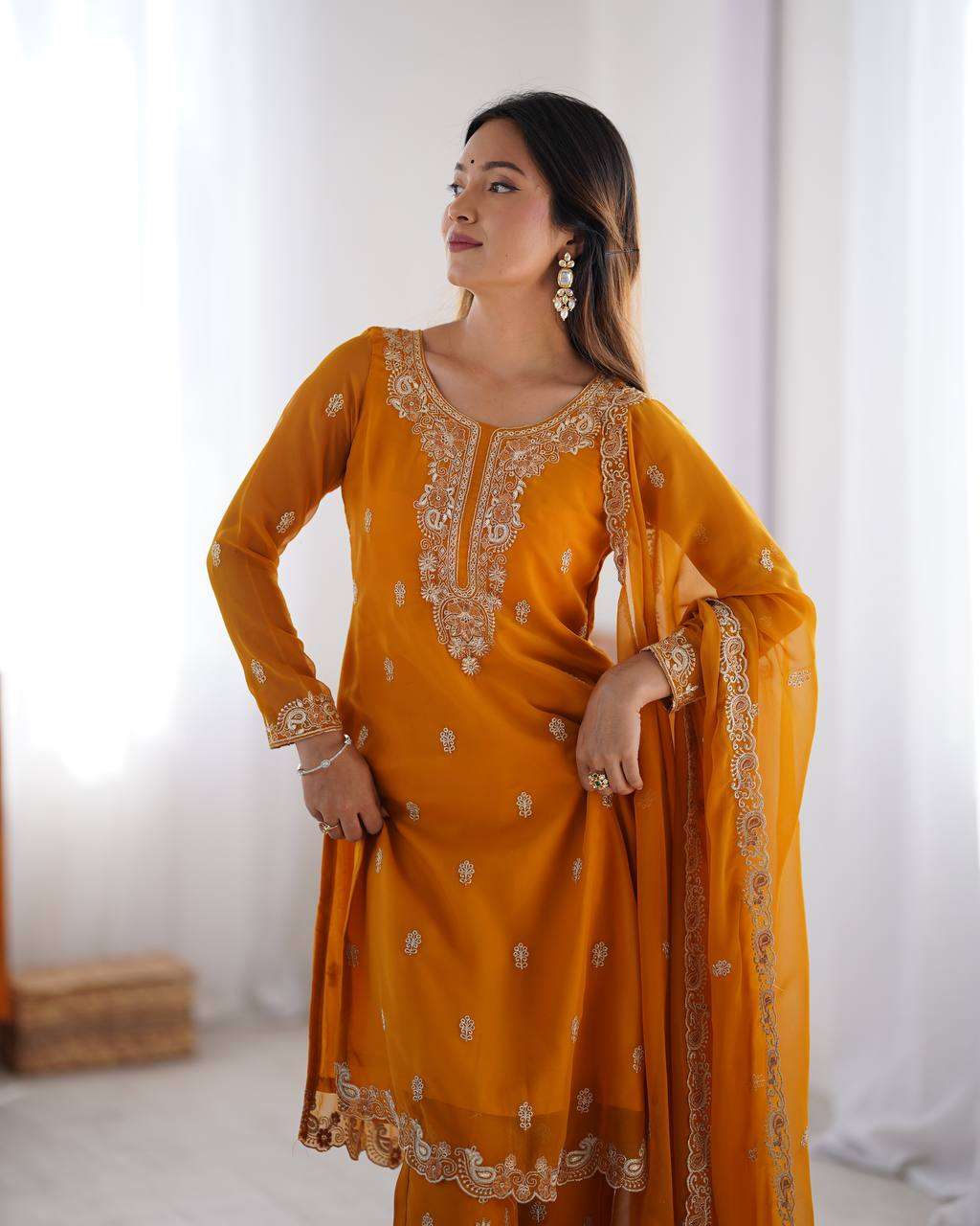 Women's Georgette Embroidery Straight Kurti with Pant And Dupatta Set