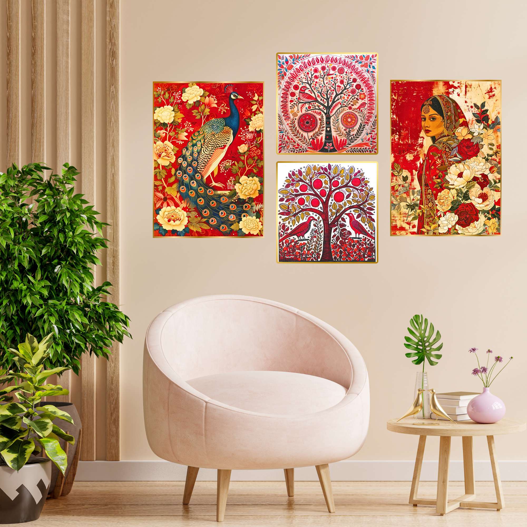 Set of Four Wall Paintings for Wall Dacoration Golden Framed Wall Paintings for Living Room & Bedroom Wall Art for Home