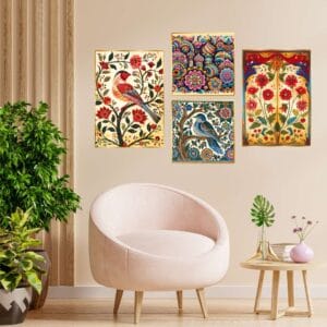 Set of Four Wall Paintings for Wall Dacoration Golden Framed Wall Paintings for Living Room & Bedroom Wall Art for Home