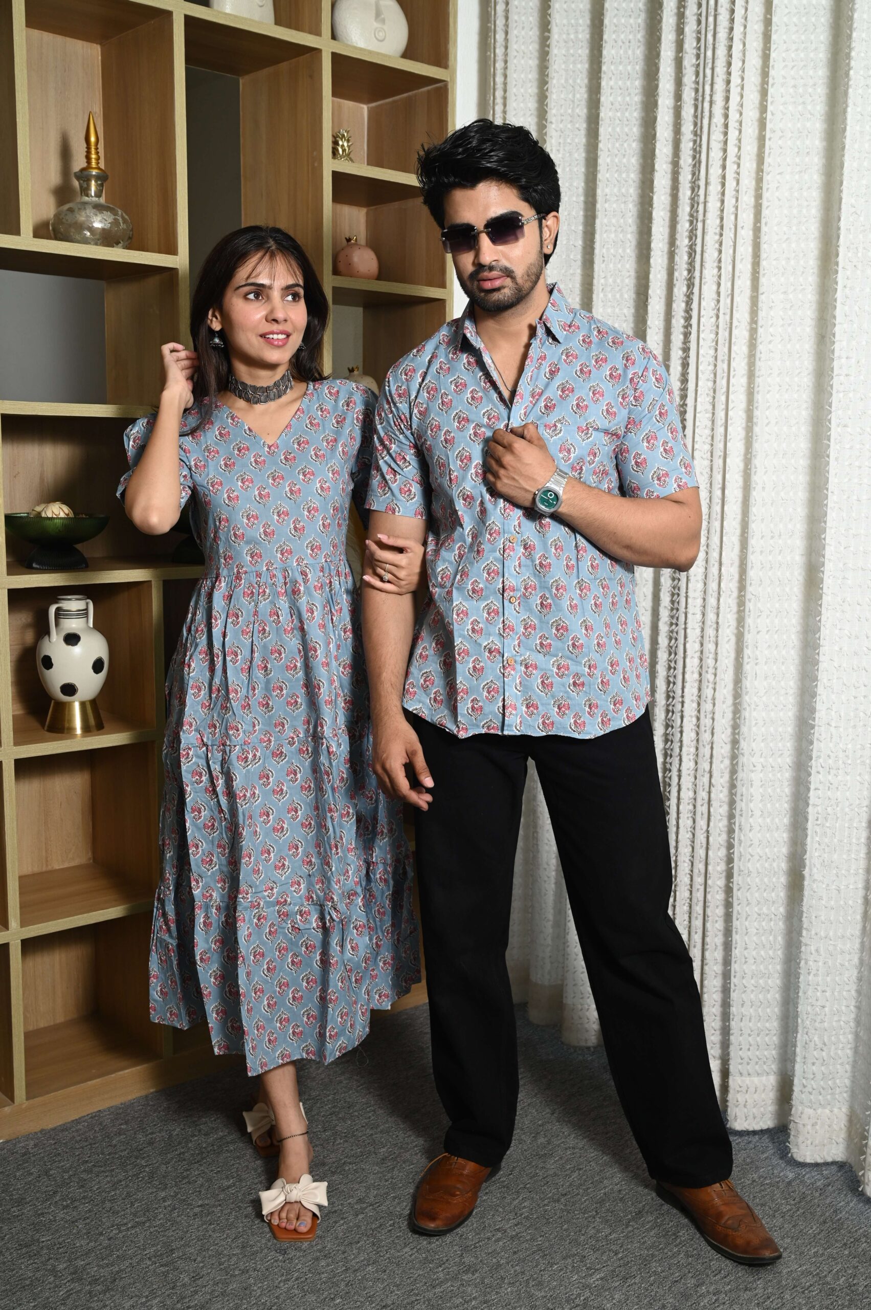 Couple Matching Sky Blue Cotton Anarkali Midi Dress and Shirt Set ? Pink Floral Print