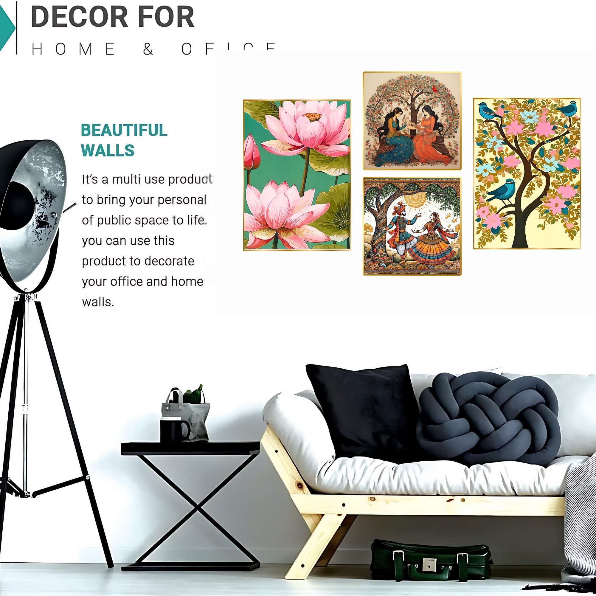 Set of Four Wall Paintings for Wall Dacoration Golden Framed Wall Paintings for Living Room & Bedroom Wall Art for Home