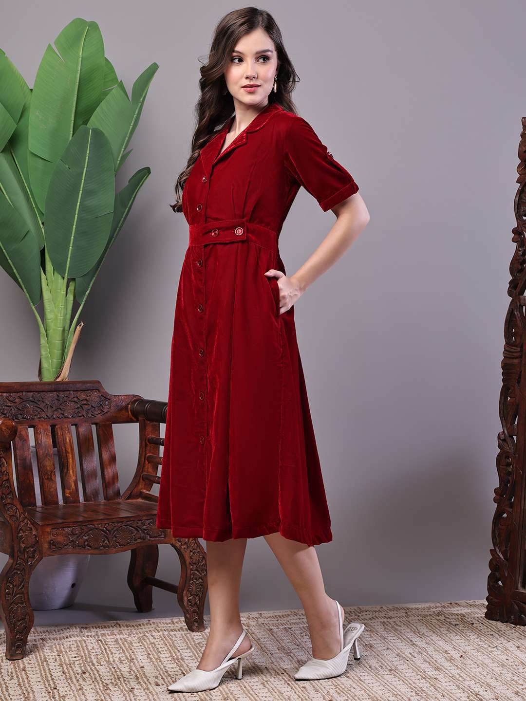 Women's Maroon Velvet Solid Printed Shirt Midi Dress with Belt