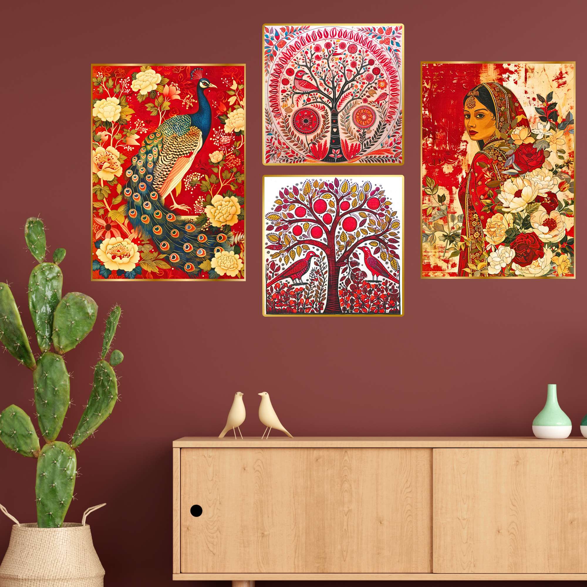 Set of Four Wall Paintings for Wall Dacoration Golden Framed Wall Paintings for Living Room & Bedroom Wall Art for Home