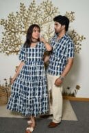 Couple Matching White And Blue Printed Cotton Anarkali Midi Dress & Shirt Set ? Summer Casual Wear
