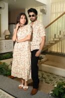 Couple Matching Cream floral Cotton Printed Anarkali Midi Dress & Shirt Set ? Casual & Festive Wear