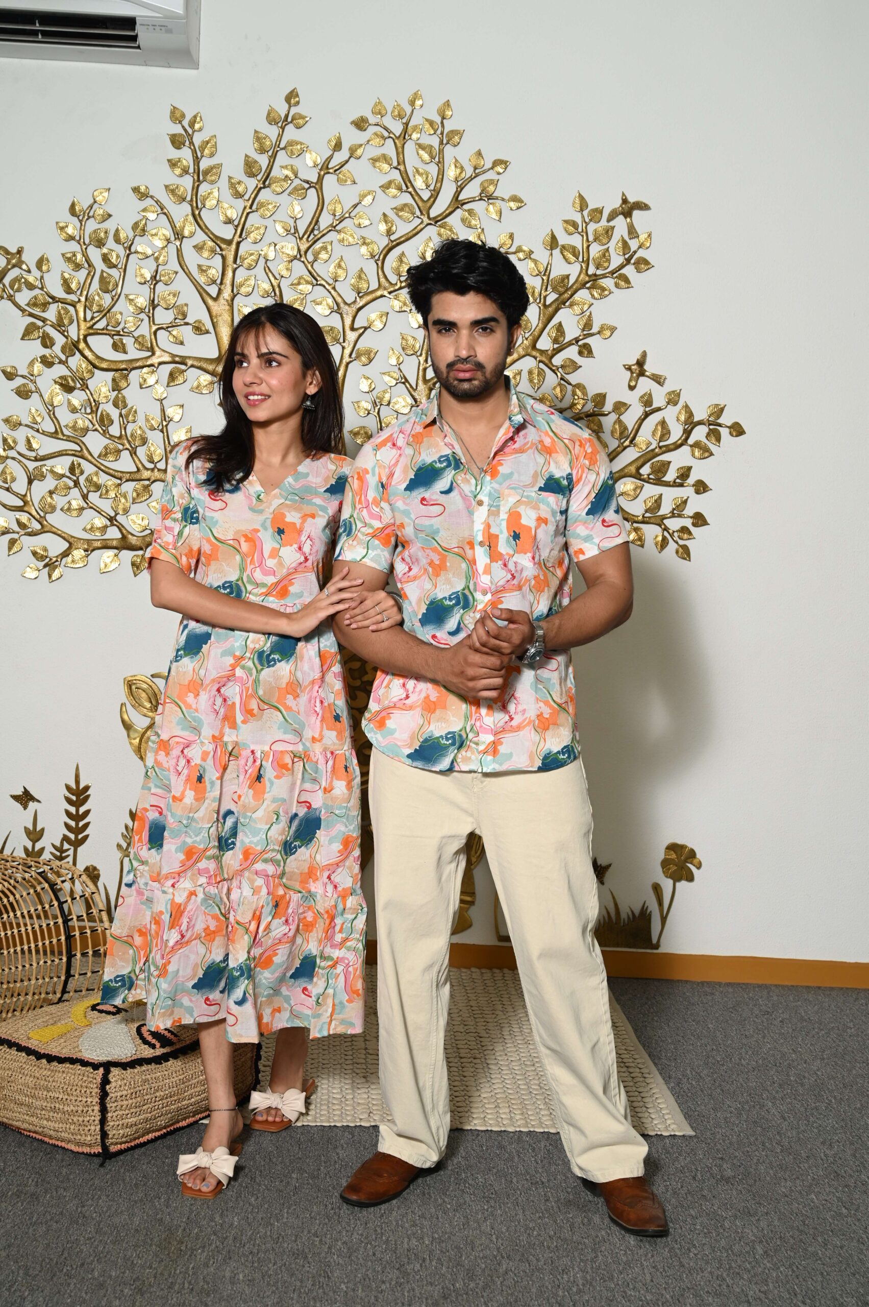 Couple Matching Abstract Print Cotton Anarkali Midi Dress & Shirt Set , Multicolor Summer Outfit - Image 3