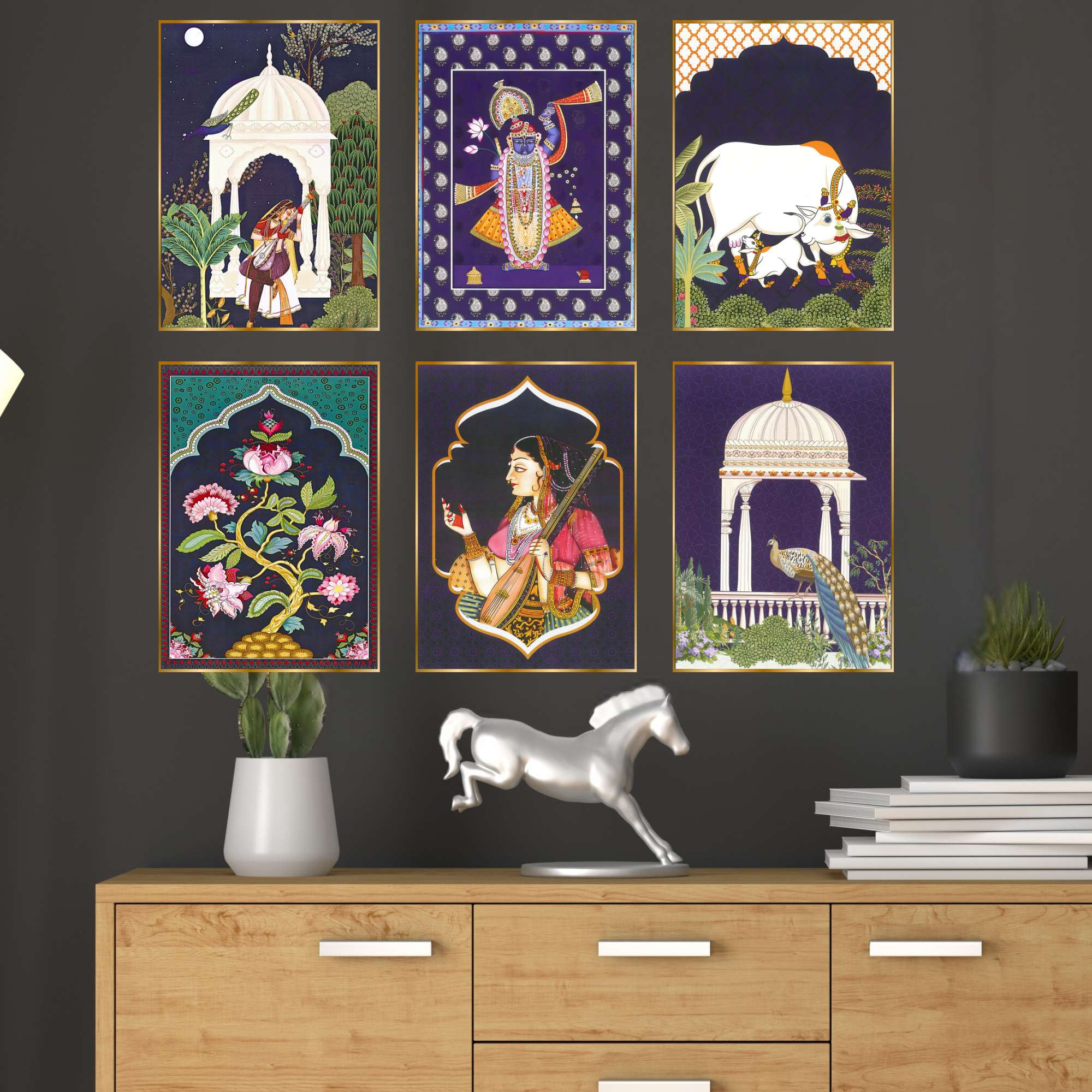 Set of Six Wall Paintings for Wall Dacoration Golden Framed Wall Paintings for Living Room & Bedroom Wall Art for Home D
