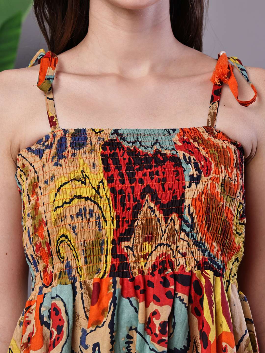 Women's Multicolor Abstract Printed Cotton Handkerchief Hem Dress Midi Dresses
