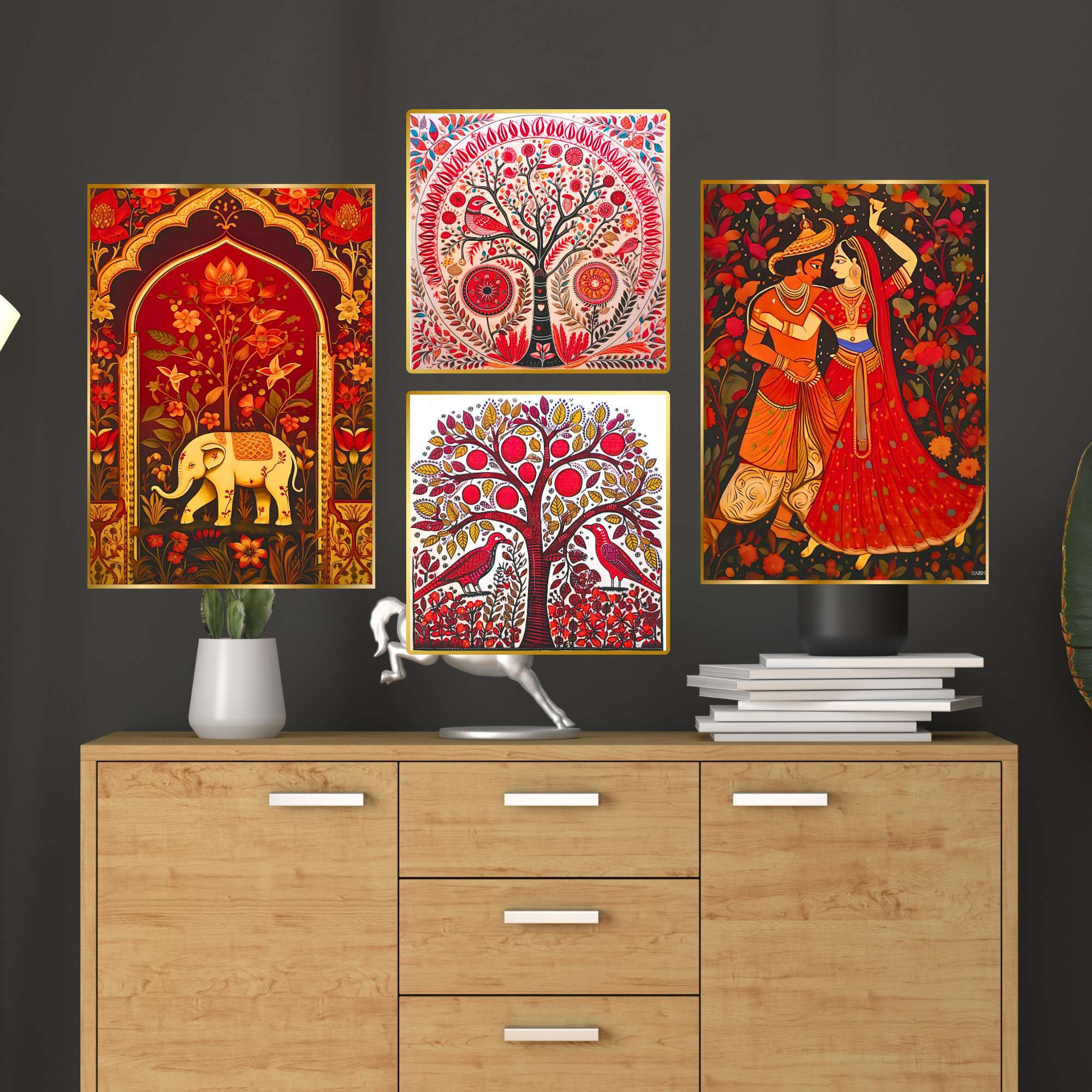 Set of Four Wall Paintings for Wall Dacoration Golden Framed Wall Paintings for Living Room & Bedroom Wall Art for Home