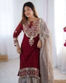 Women's Faux Georgette Sequins Embroidered Straight Kurta With Sharara Suit and Dupatta Set