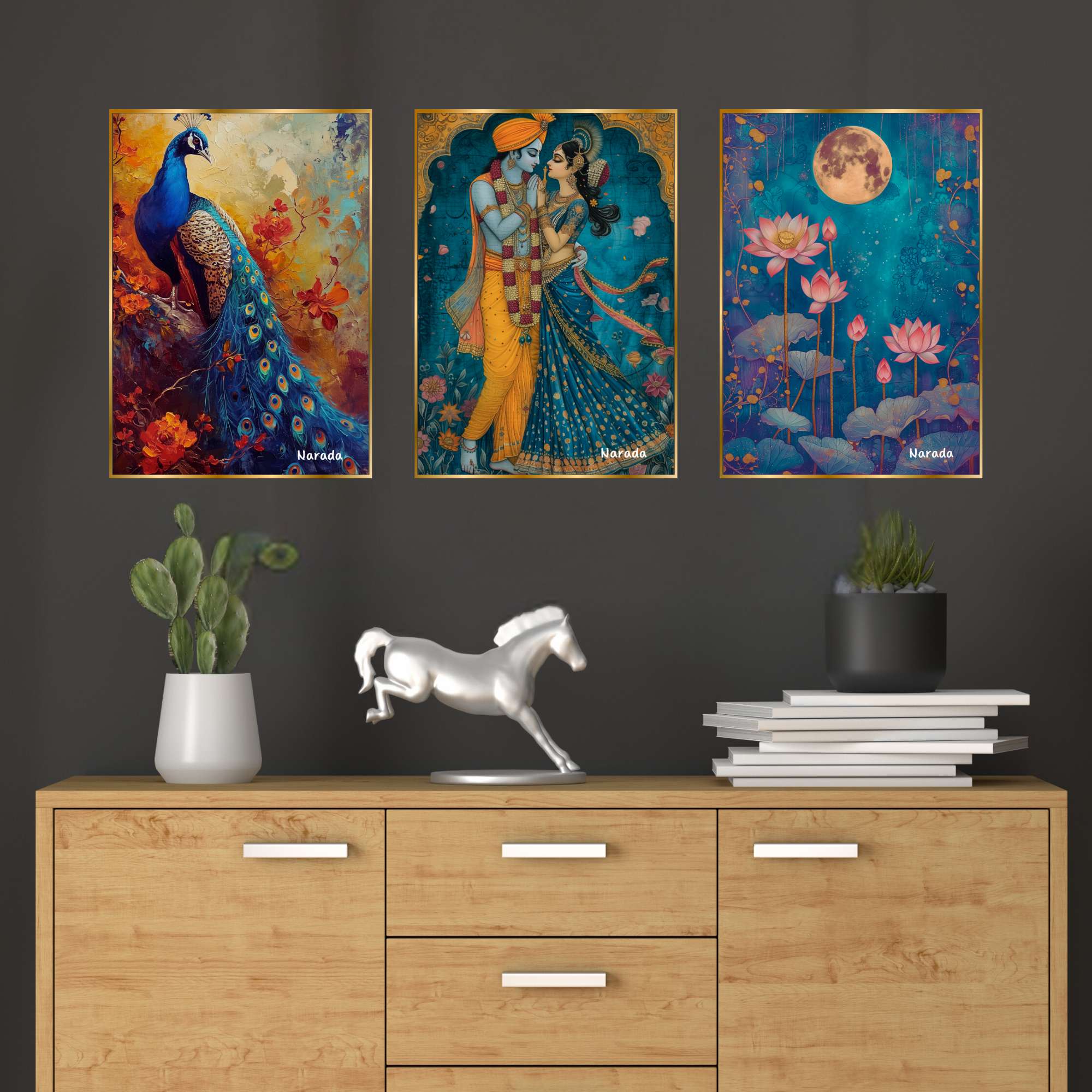Set of Three Wall Paintings for Wall Dacoration Golden Framed Wall Paintings for Living Room & Bedroom Wall Art for Home