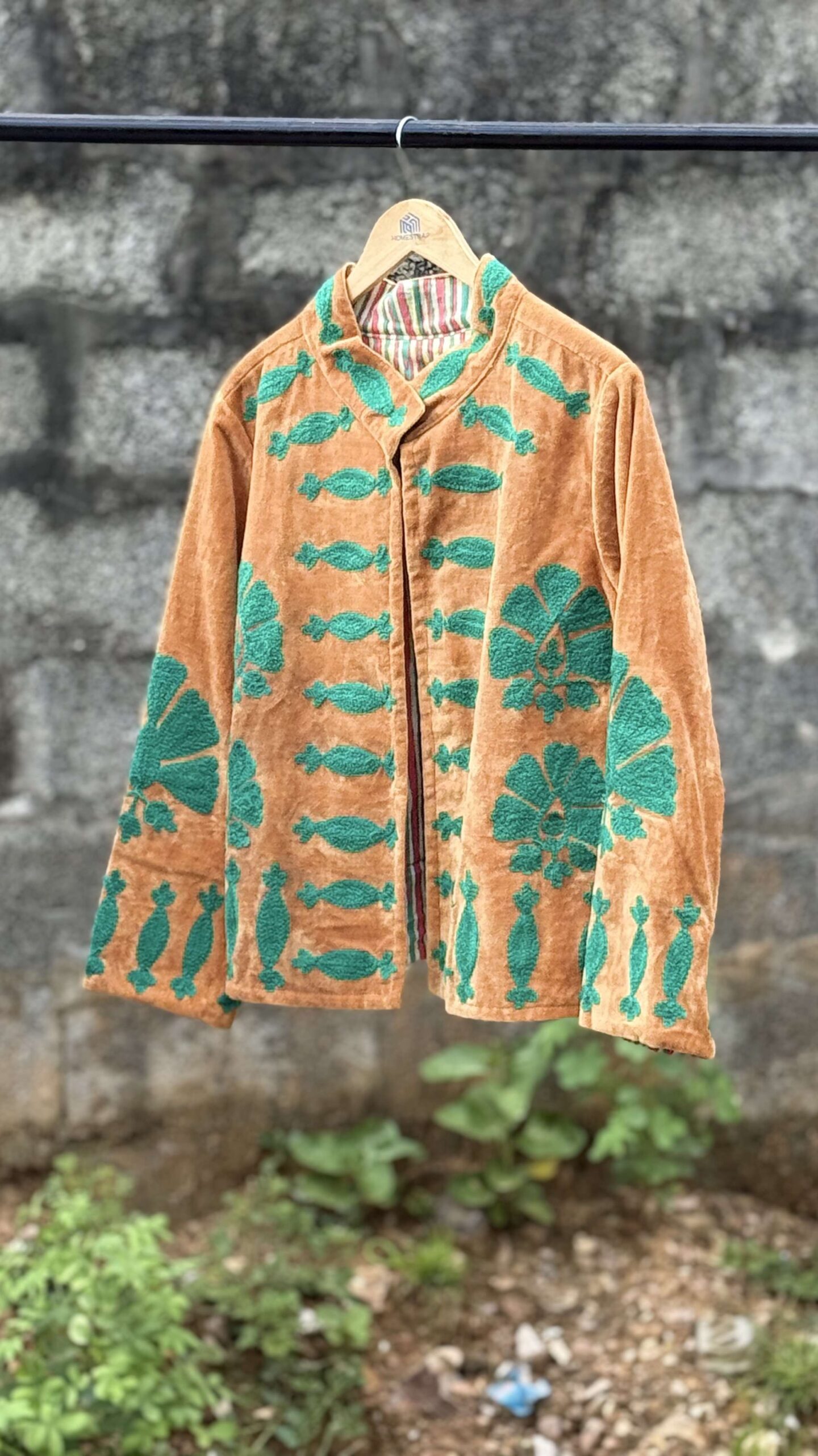 Womens Rust Velvet Embroidered Jacket with Floral Design