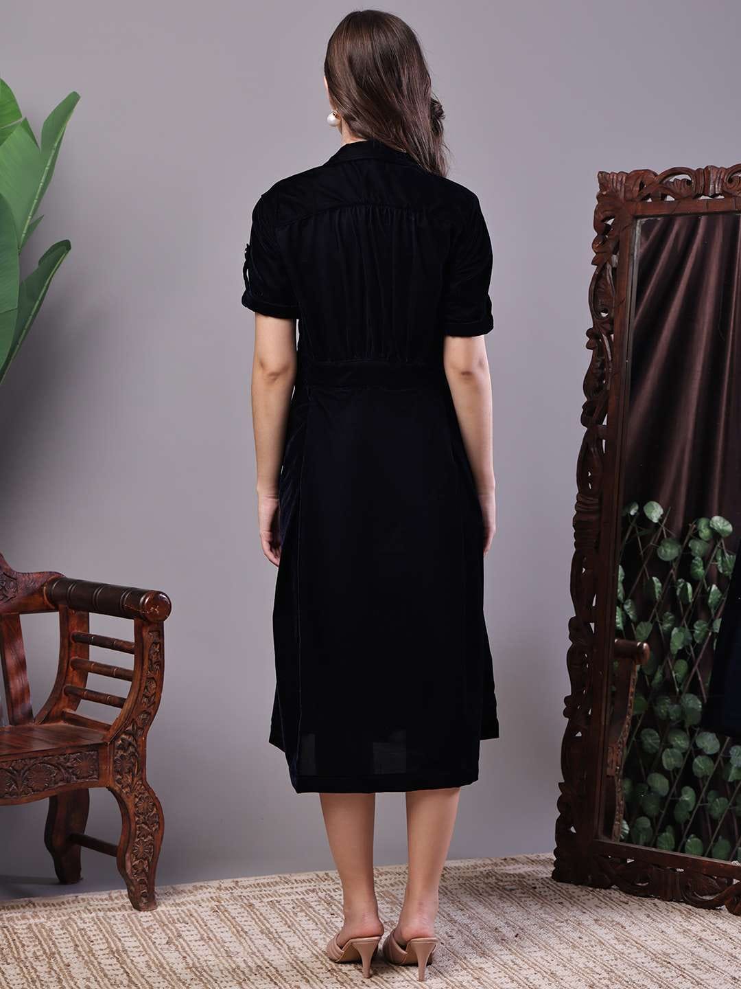 Women's Black Velvet Solid Printed Shirt Midi Dress with Belt
