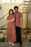 Couple Matching Red Cotton Anarkali Midi Dress and Shirt Set ? Gold Leaf Block Print