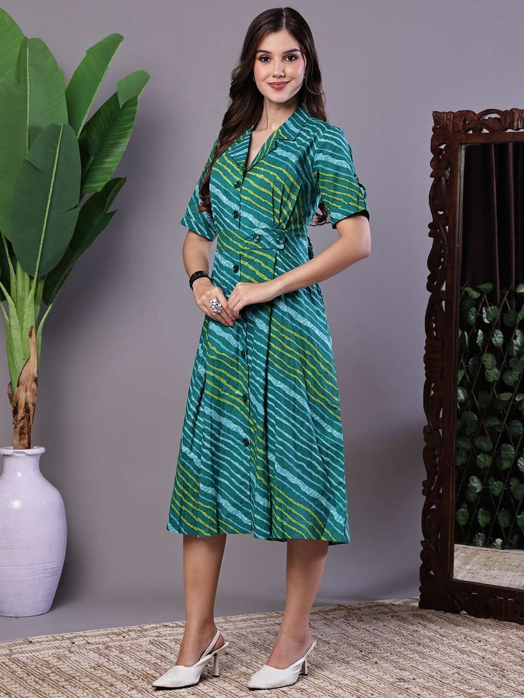 Women's eal Green Striped Cotton Midi Shirt Dress