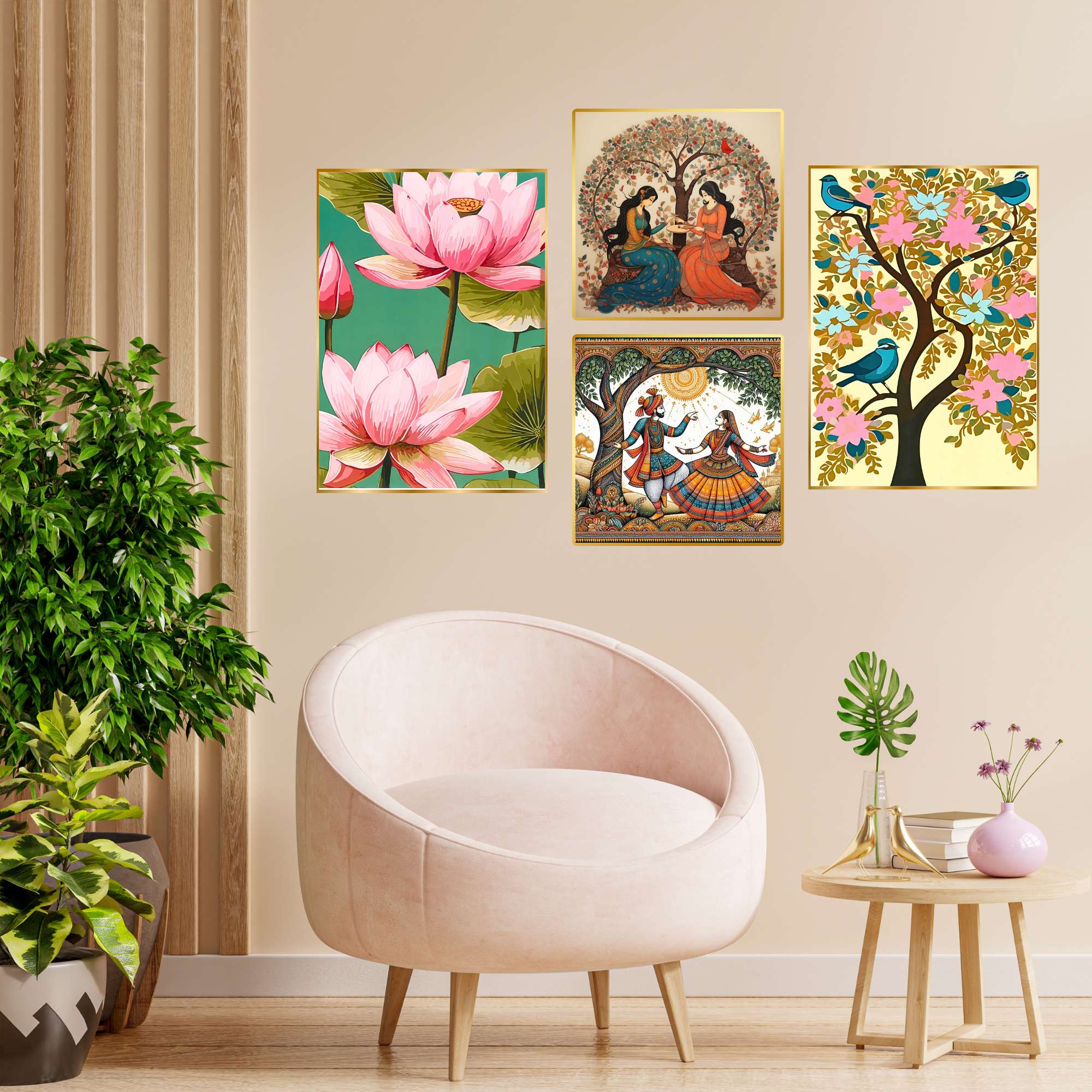 Set of Four Wall Paintings for Wall Dacoration Golden Framed Wall Paintings for Living Room & Bedroom Wall Art for Home