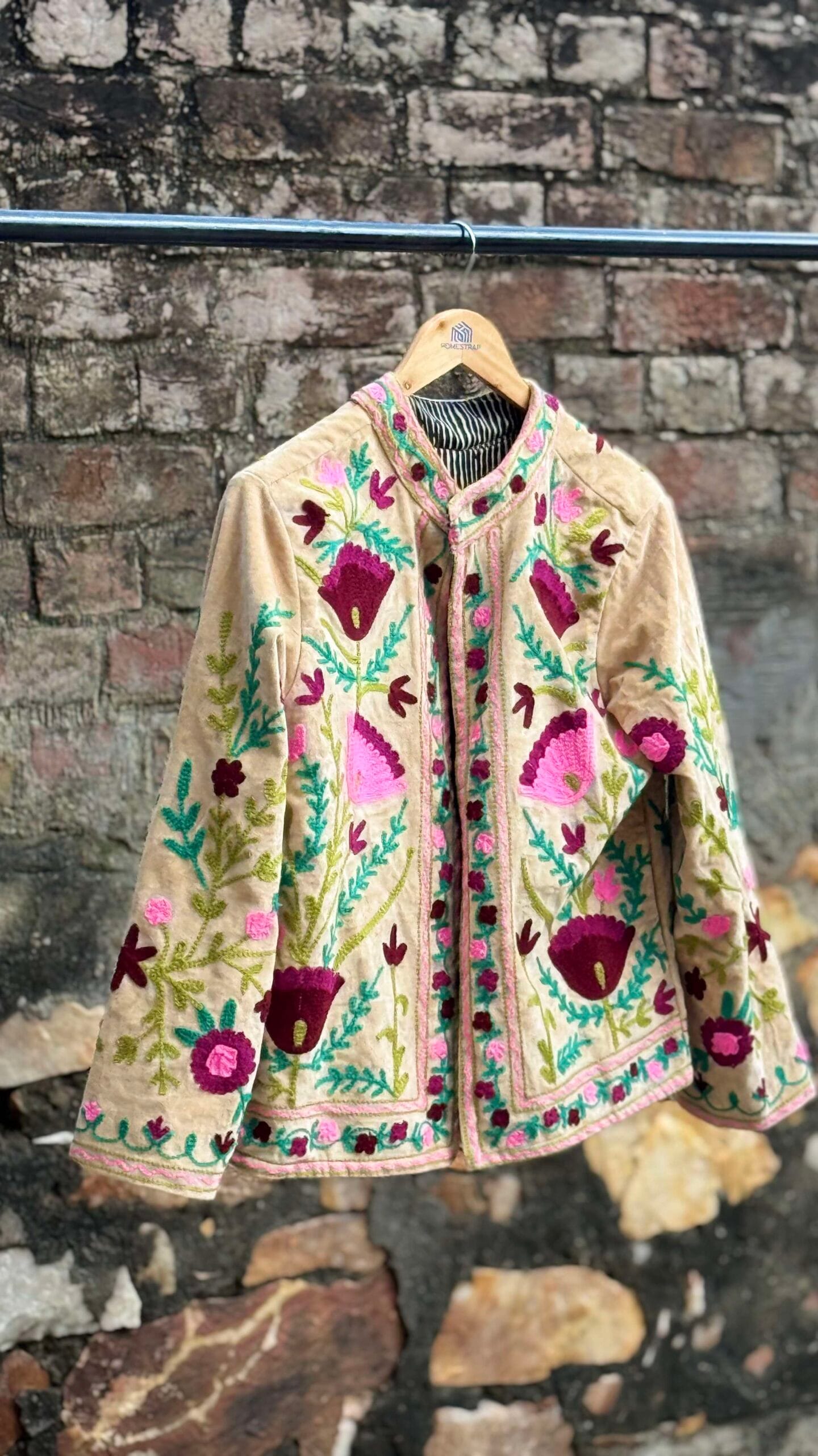 Womens Light Beige Velvet Embroidered Jacket with Floral Design