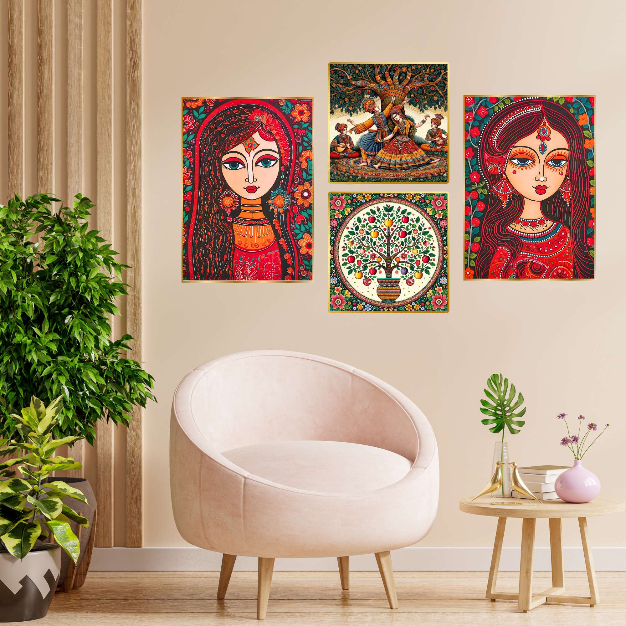 Set of Four Wall Paintings for Wall Dacoration Golden Framed Wall Paintings for Living Room & Bedroom Wall Art for Home