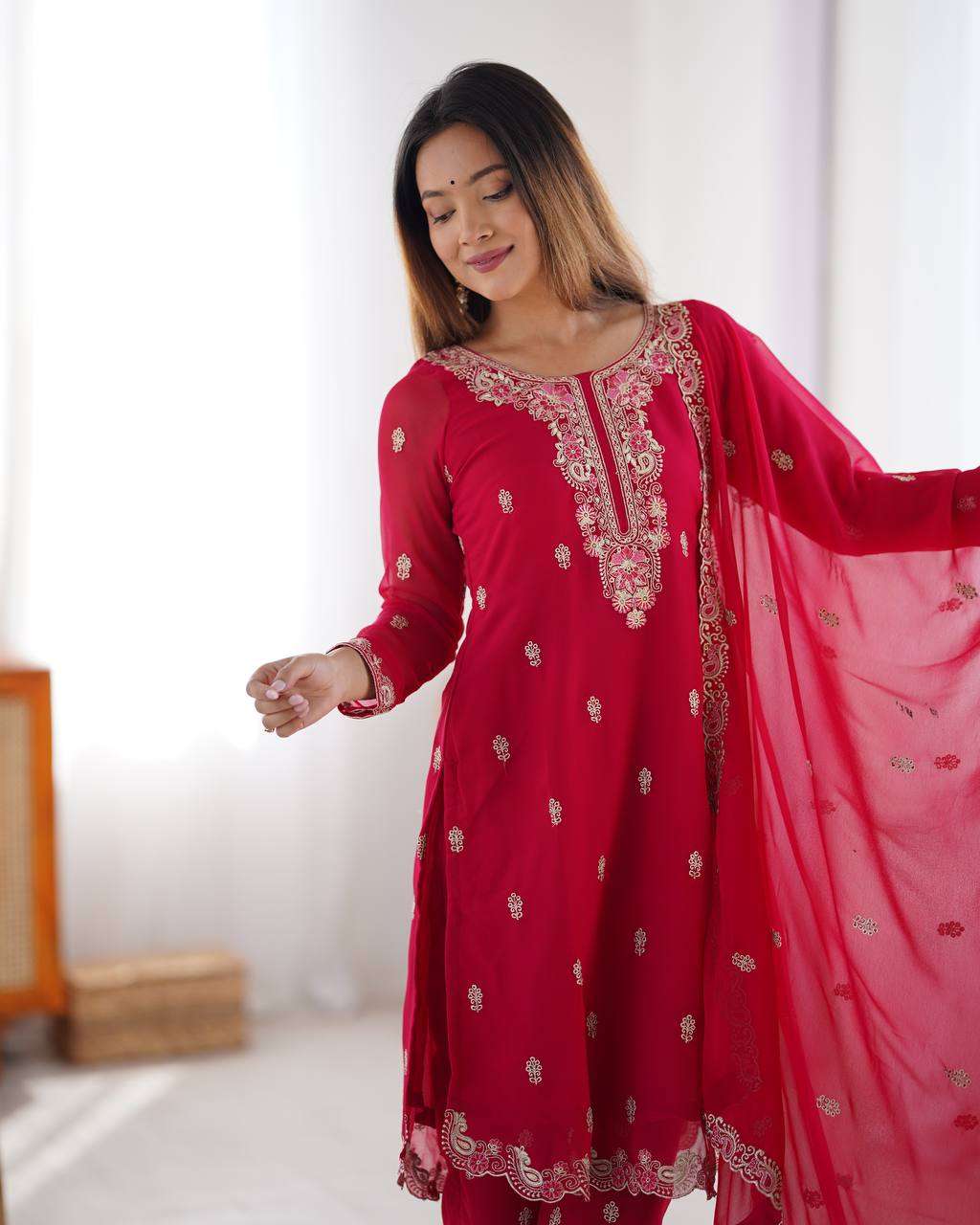 Women's Georgette Embroidery Straight Kurti with Pant And Dupatta Set
