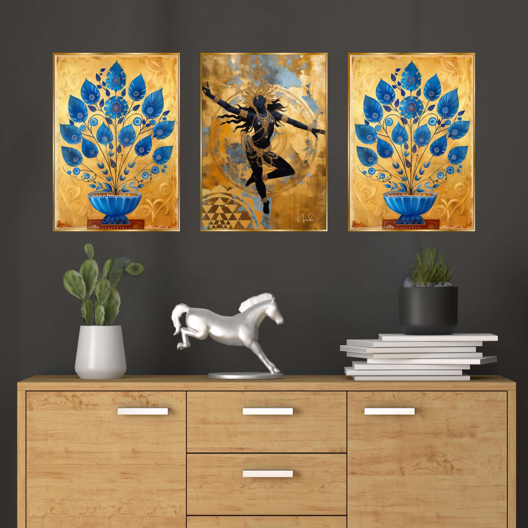 Set of Three Wall Paintings for Wall Dacoration Golden Framed Wall Paintings for Living Room & Bedroom Wall Art for Home