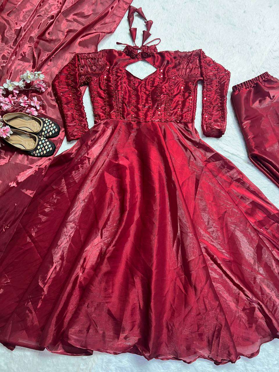 Women's Silk Heavy Embroidery Sequence Work Long Anarkali Kurti With Pant and Dupatta Set