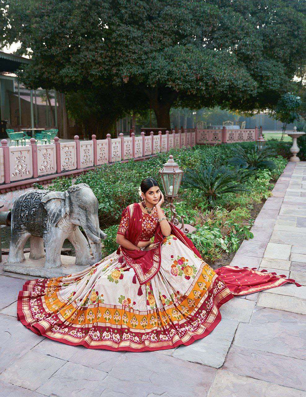 Women's Patola Print Tussar Silk Lehenga Choli Dupatta Set
