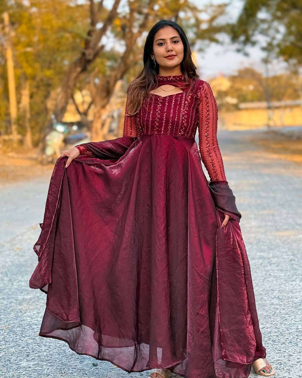 Women's Silk Heavy Embroidery Sequence Work Long Anarkali Kurti With Pant and Dupatta Set