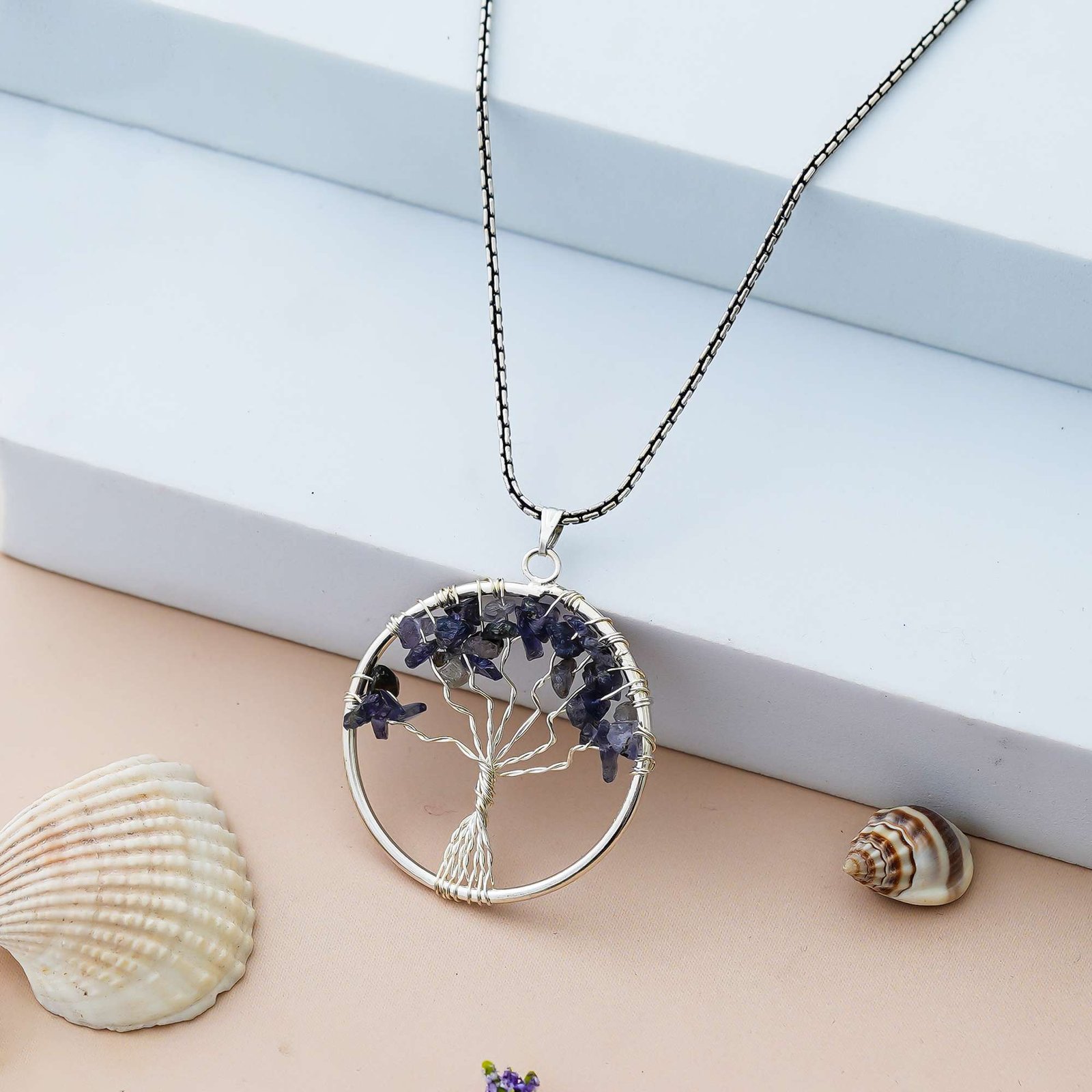 Sodalite Pendant Tree of Life Crystal Stone Pendant Locket with Metal Chain for Healing Crystal Healing Gemstone Size 3