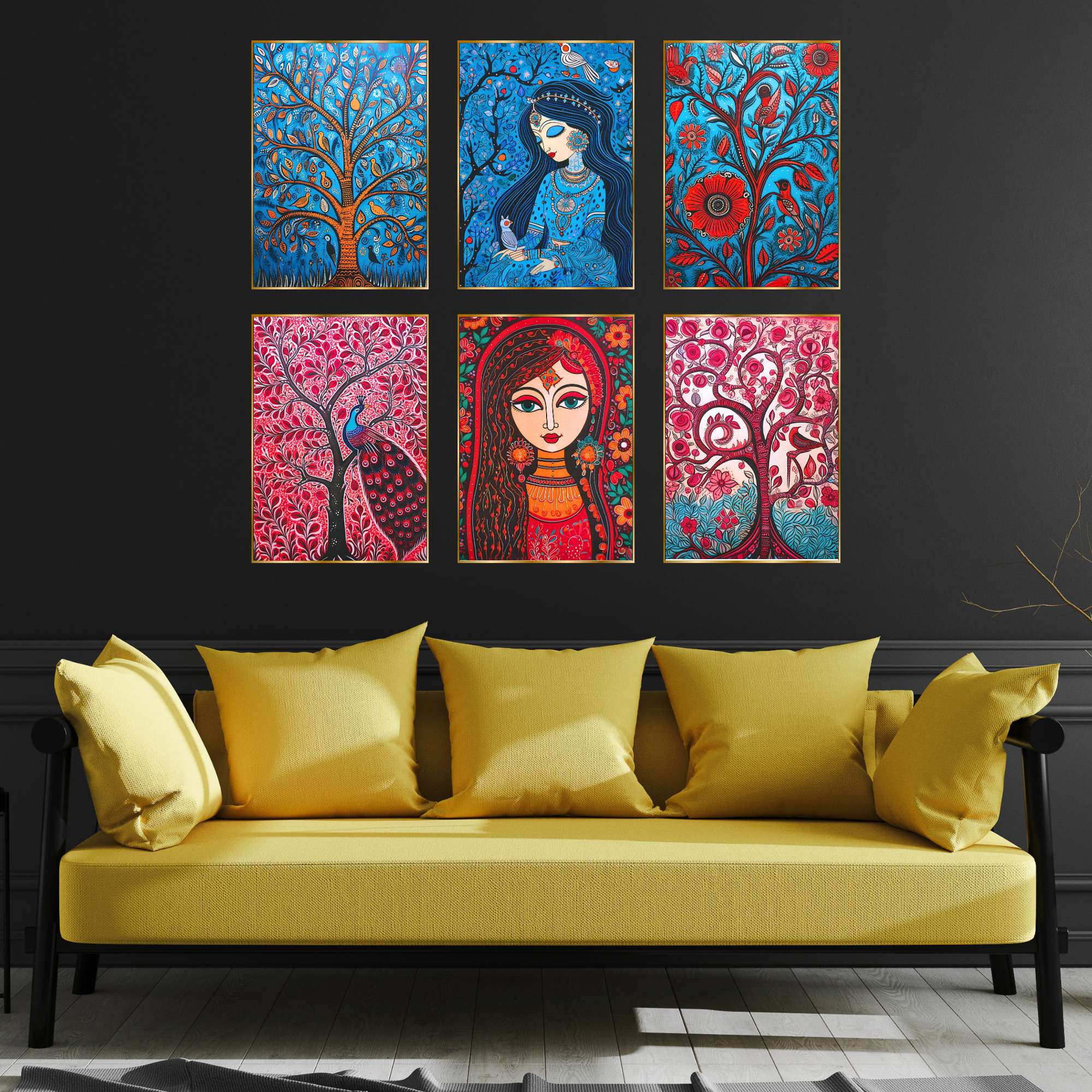 Set of Six Wall Paintings for Wall Dacoration Golden Framed Wall Paintings for Living Room & Bedroom Wall Art for Home D
