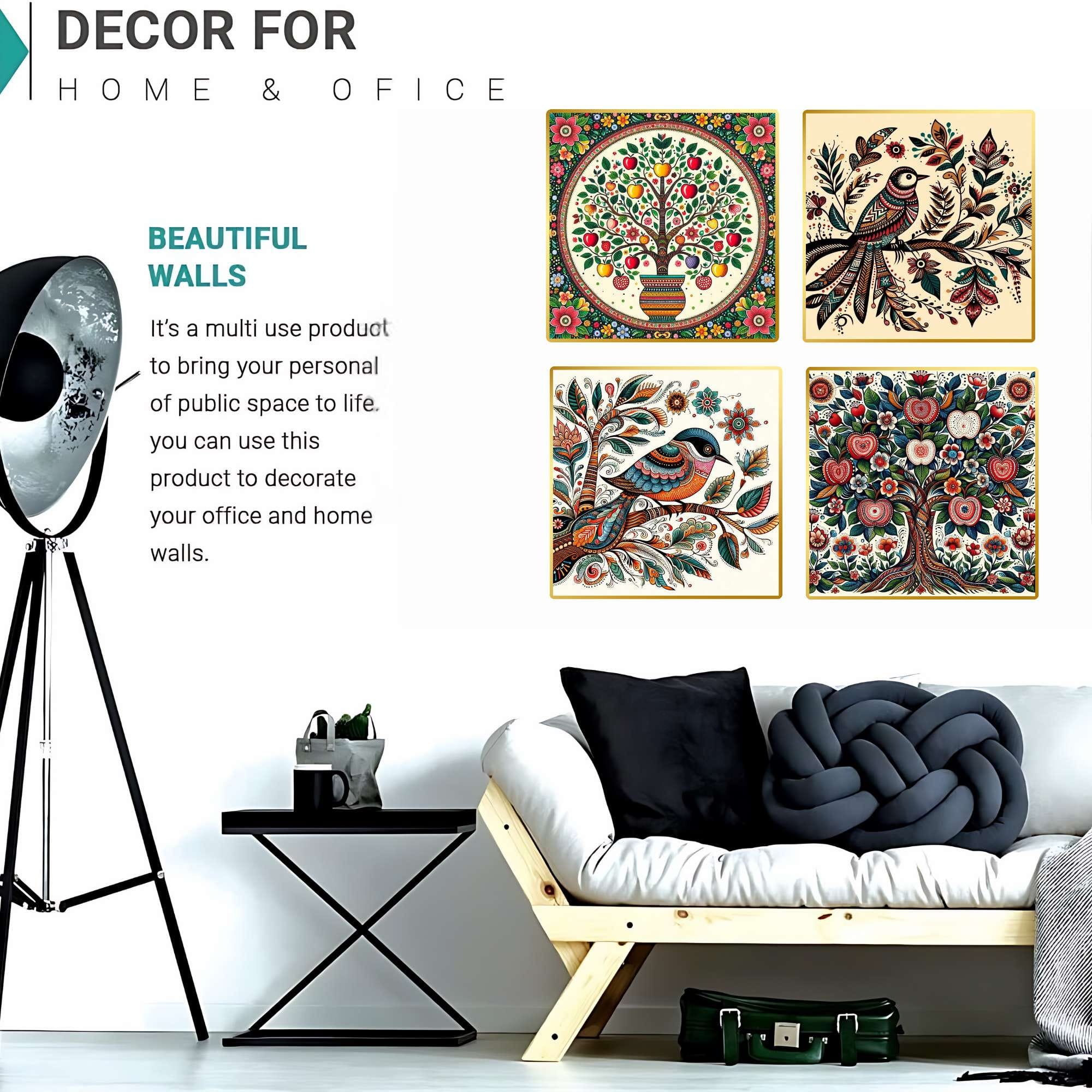 Set of Four Wall Paintings for Wall Dacoration Golden Framed Wall Paintings for Living Room & Bedroom Wall Art for Home