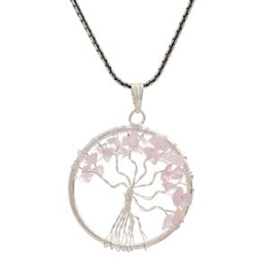 Rose Quartz Pendant Tree of Life Crystal Stone Pendant Locket with Metal Chain for Healing Crystal Healing Gemstone Siz