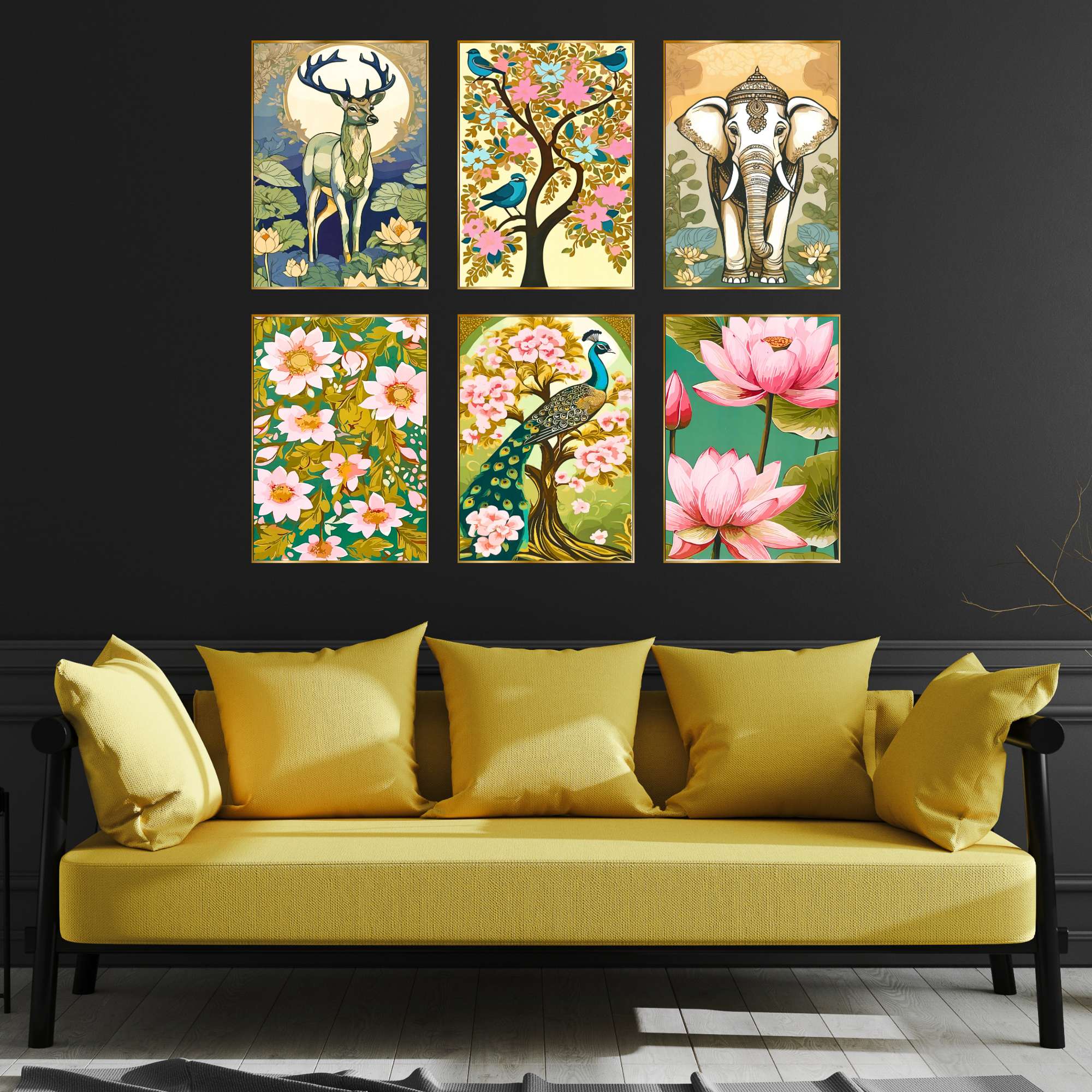 Set of Six Wall Paintings for Wall Dacoration Golden Framed Wall Paintings for Living Room & Bedroom Wall Art for Home D