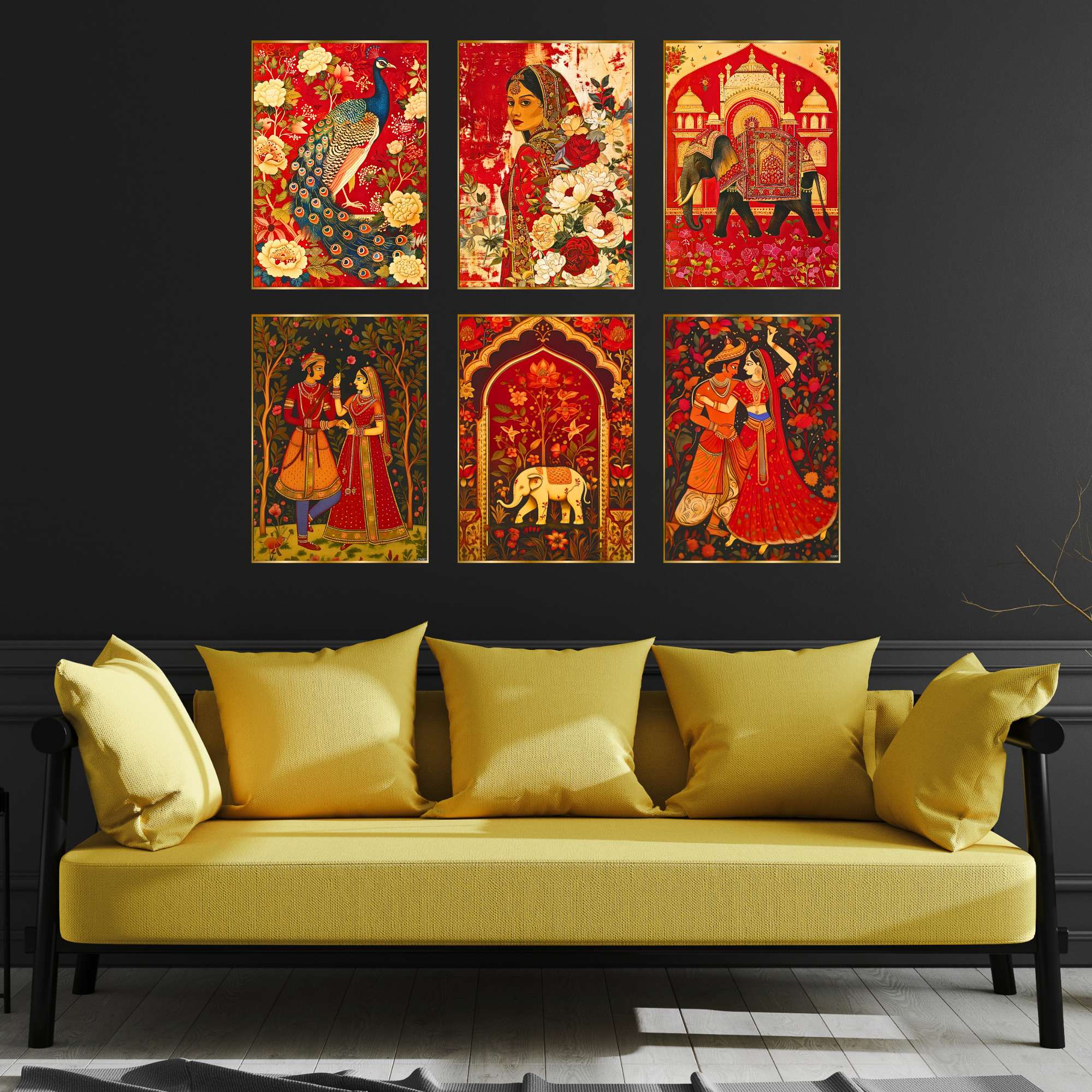 Set of Six Wall Paintings for Wall Dacoration Golden Framed Wall Paintings for Living Room & Bedroom Wall Art for Home D
