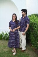 Couple Matching Navy Blue Cotton Printed Anarkali Midi Dress & Shirt Set ? Casual & Festive Wear