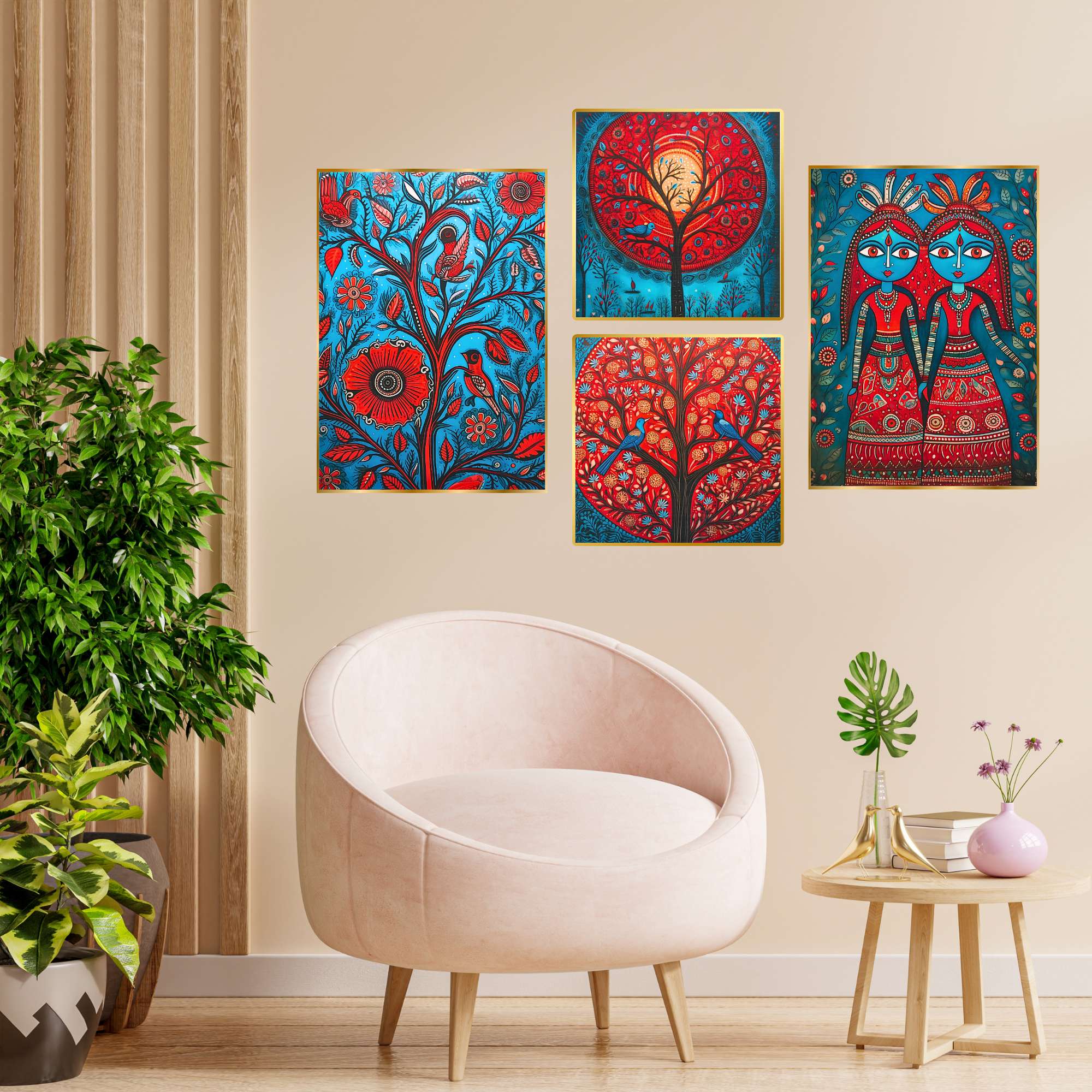 Set of Four Wall Paintings for Wall Dacoration Golden Framed Wall Paintings for Living Room & Bedroom Wall Art for Home