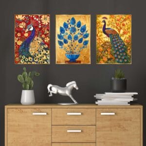 Set of Three Wall Paintings for Wall Dacoration Golden Framed Wall Paintings for Living Room & Bedroom Wall Art for Home