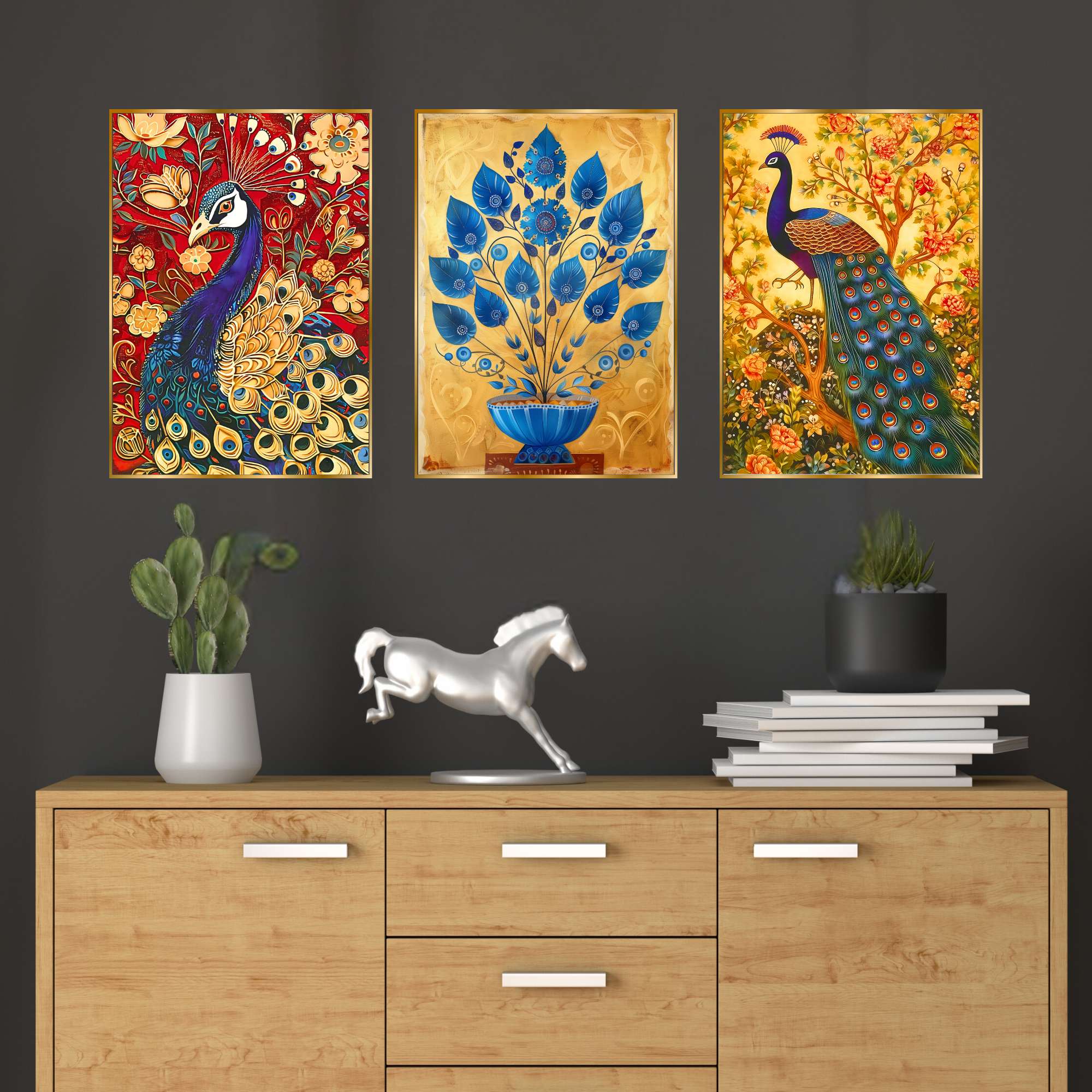 Set of Three Wall Paintings for Wall Dacoration Golden Framed Wall Paintings for Living Room & Bedroom Wall Art for Home