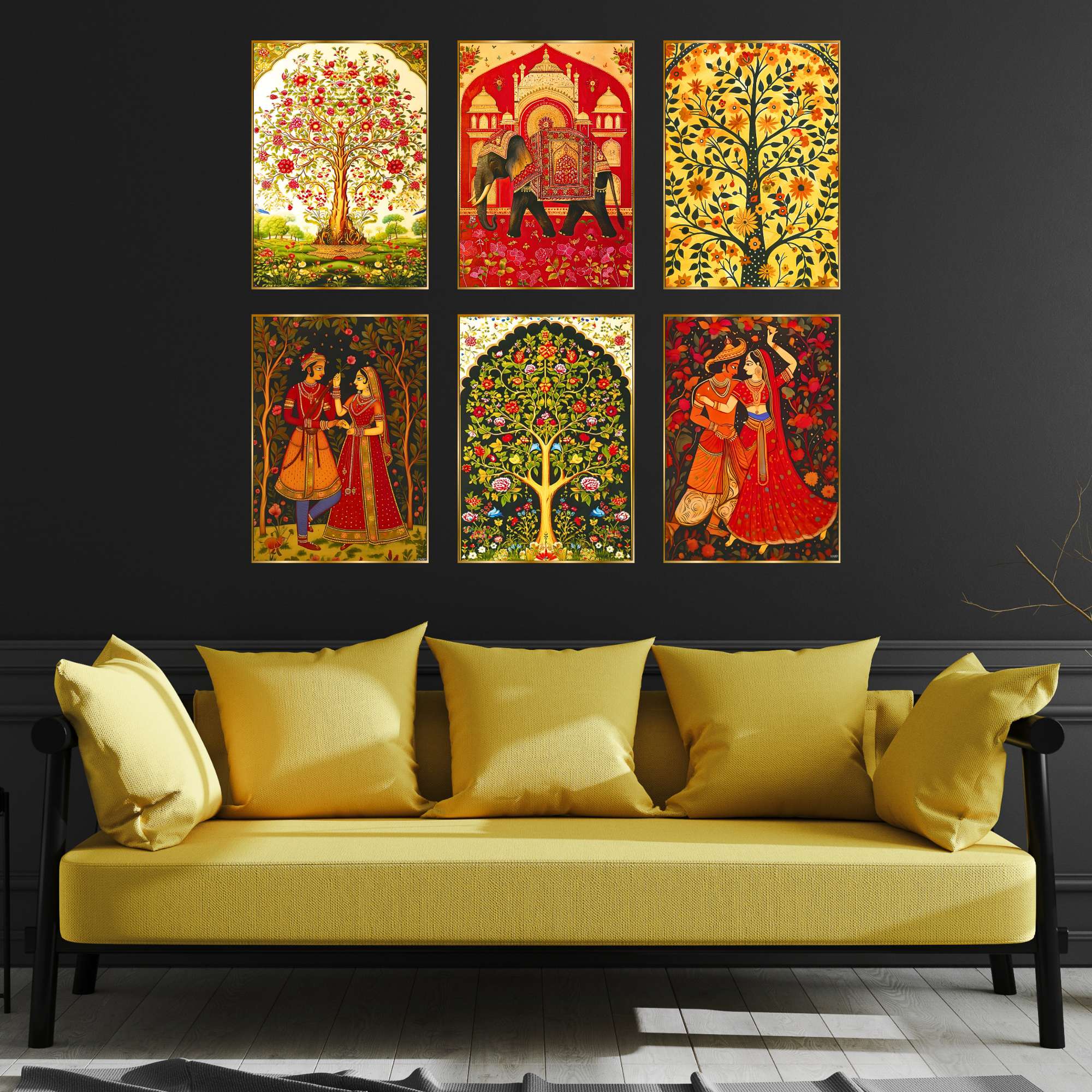 Set of Six Wall Paintings for Wall Dacoration Golden Framed Wall Paintings for Living Room & Bedroom Wall Art for Home D