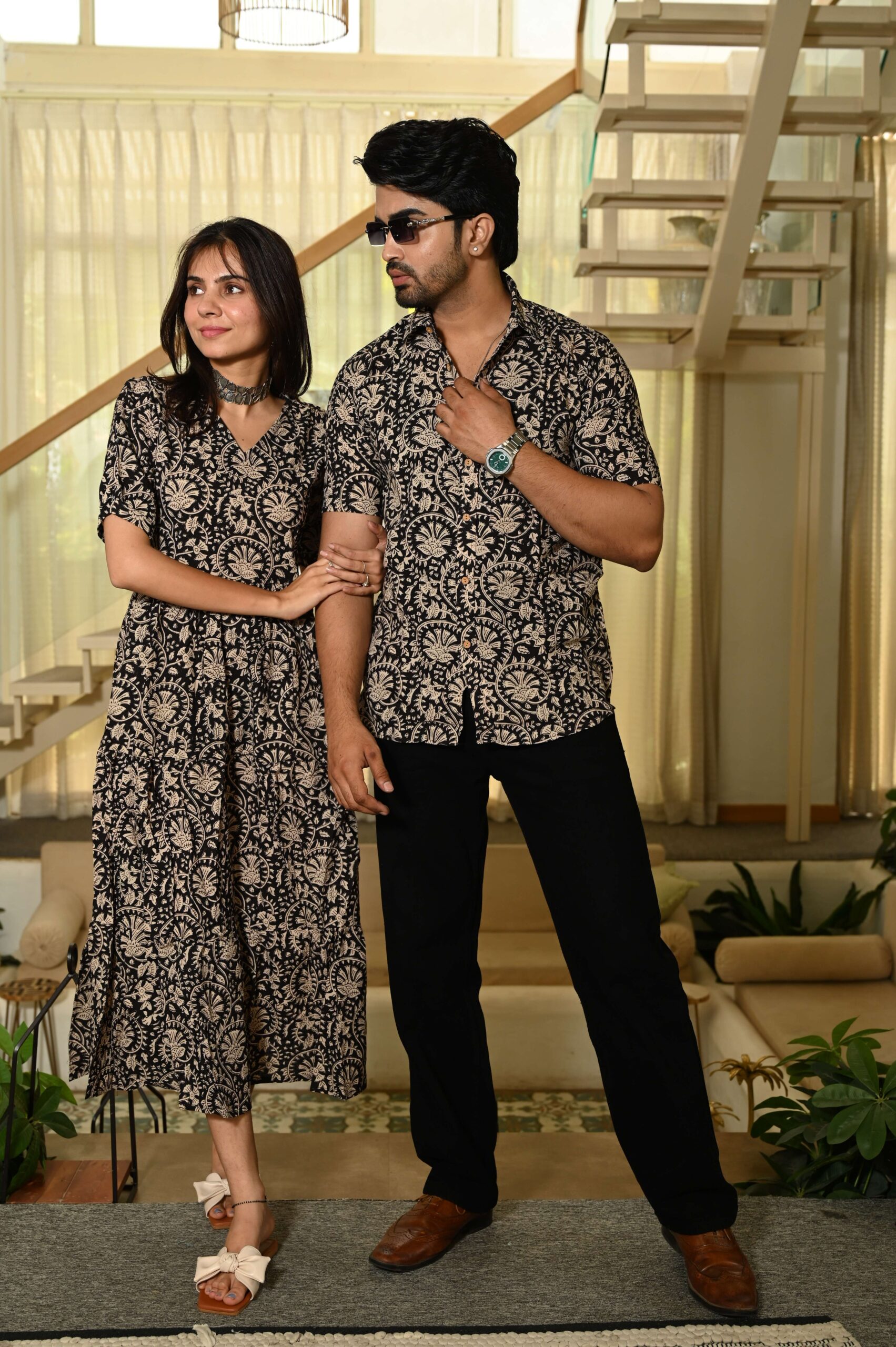 Couple Matching Red Printed Cotton Anarkali Midi Dress & Shirt Set ? Summer Casual Wear